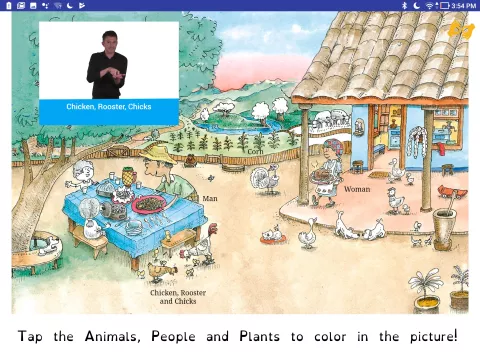 Captura de pantalla de Actividad para buscar con una imagen de una granja con animales y personas, así como un video en lenguaje de señas